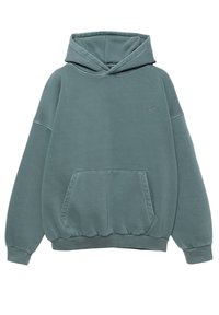 Sweat à capuche vert avec une poche frontale et des poignets et un ourlet côtelés, présenté sur fond blanc.