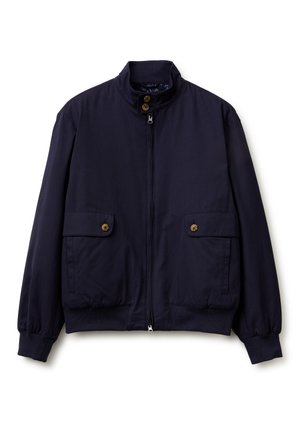 Marineblaue Bomberjacke mit Frontreißverschluss, knöpfbarem Stehkragen und zwei Klappentaschen mit braunen Knöpfen. Gerippte Bündchen und Saum.