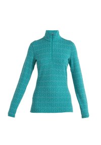 Türaus Pullover mit hohem Kragen, ausgestattet mit einem geometrischen Muster in einem helleren Farbton. Lange Ärmel und ein halbseitiger Reißverschluss vorne.
