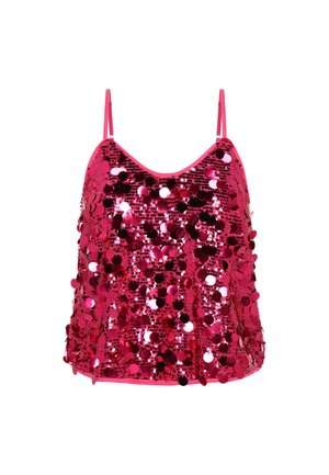 Rosa Pailletten-Camisole mit dünnen Trägern. Verfügt über eine schimmernde Oberfläche, die mit runden, reflektierenden Pailletten bedeckt ist. Gerader Saum.