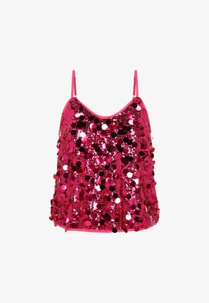Rosa Pailletten-Camisole mit dünnen Trägern. Verfügt über eine schimmernde Oberfläche, die mit runden, reflektierenden Pailletten bedeckt ist. Gerader Saum.