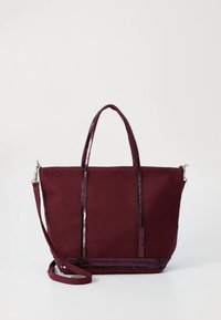 Sac fourre-tout bordeaux en tissu, orné d'accents pailletés scintillants et de deux poignées, avec une bandoulière amovible.