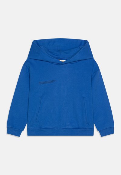 Blue hoodie made from soft fabric; features a large hood, kangaroo pocket, and text detail on the front. Simple, relaxed shape.