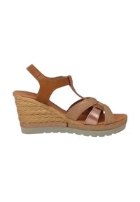 Sandali con zeppa e base in juta intrecciata, dettagli in oro rosa metallico e cinturini sintetici marroni. Design open-toe con soletta imbottita.