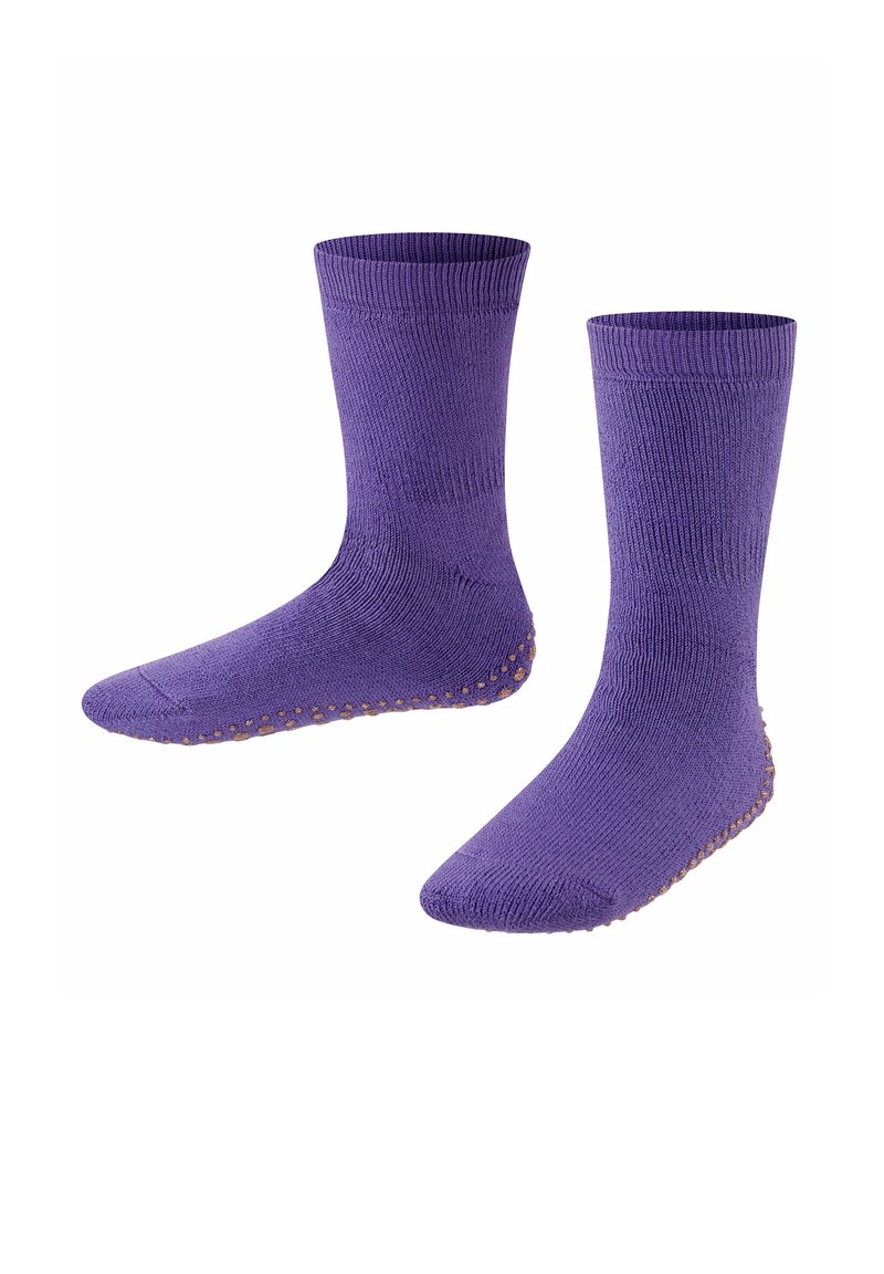 Lila Socken aus strukturiertem Stoff mit gerippter Optik. Die Unterseite verfügt über kleine, runde, gummierte Noppen für rutschfesten Halt.