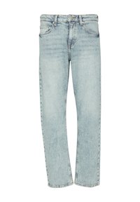Jeans de denim azul claro con un diseño de pierna recta, cinco bolsillos y una cintura clásica. Presentan una textura deslavada y costuras en contraste.
