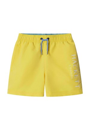 Gele zwembroek met elastische tailleband, blauwe trekkoord, zijzakken en het "Hackett London"-logo op het rechterbeen.