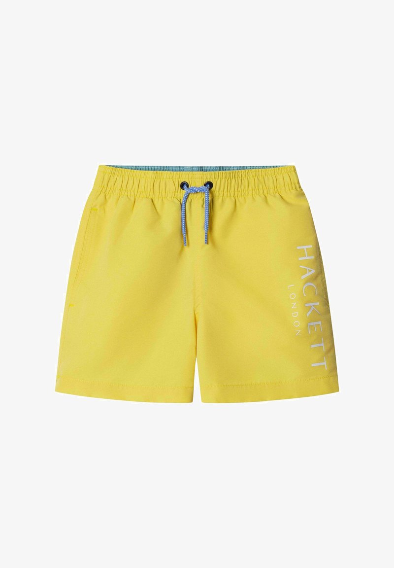 Shorts de bain jaunes avec taille élastique, cordon de serrage bleu, poches latérales et logo "Hackett London" sur la jambe droite.