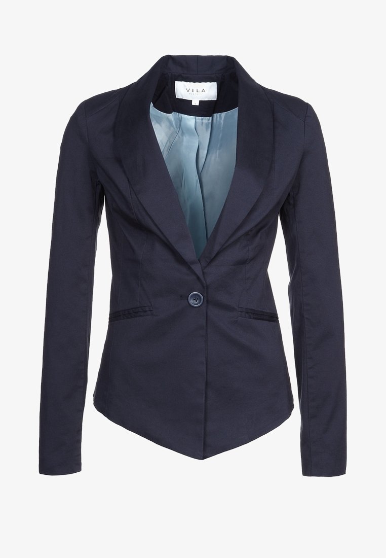 Blazer ajusté bleu marine avec fermeture à un seul bouton et doublure intérieure bleu clair, doté d'un col cranté et de manches longues.