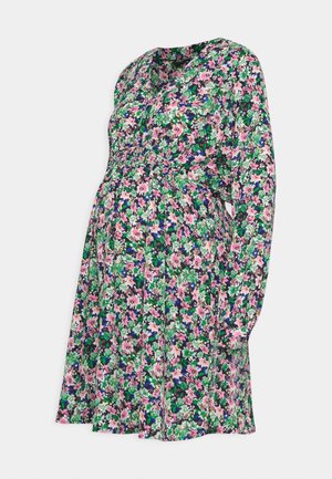 Vestido de maternidade floral com mangas longas, cintura franzida, fundo preto, apresentando flores em rosa, verde e roxo num padrão vibrante.