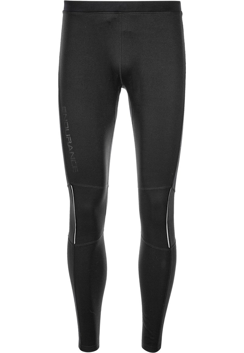 Svarta atletiska leggings med en tight passform, gjorda av stretchmaterial, med en präglad logotyp och kontrasterande vit sömnad.