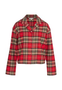 Rood en beige geruite blouse met lange mouwen, knoopsluiting aan de voorkant, ingesneden kraag en een recht vallende snit. Zacht stof met een geruit patroon.