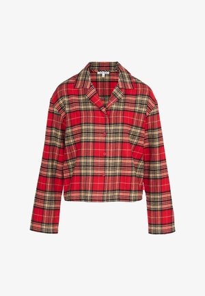 Punainen ja beige ruudullinen paita pitkillä hihoilla, napit edessä, lovettu kaulus ja laatikkomainen leikkaus. Pehmeä kangas, jossa on ruutukuosi.