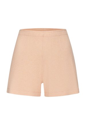 Beige gerippte Strickshorts mit elastischem Bund, knielang und schlichtem, geradem Bein.