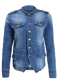Jeansjacka i ljusblått med en strukturerad design, med knapprad framtill, två bröstfickor dekorerade med detaljer och axelremmar.