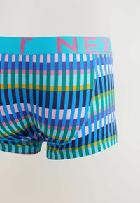 Fitted boxer briefs with a multicolored geometric pattern, featuring shades of blue, green, pink, and yellow. Soft fabric with a solid aqua waistband.