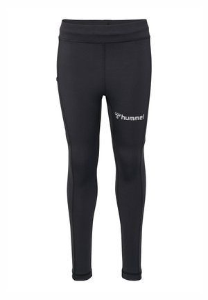 Sorte athletic leggings lavet af strækbart stof med elastisk talje, med flade sømme og et hvidt Hummel-logo på låret.
