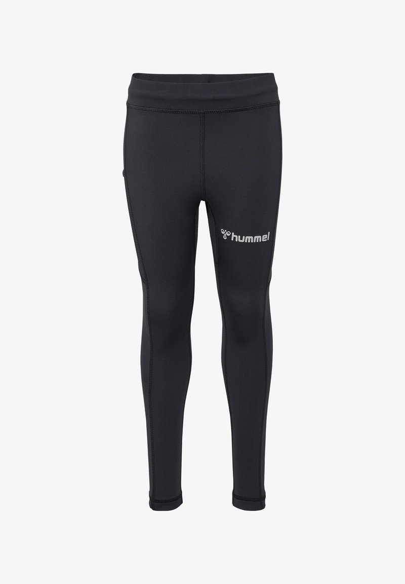 Leggings de sport noirs en tissu extensible avec une taille élastique, présentant des coutures plates et un logo Hummel blanc sur la cuisse.