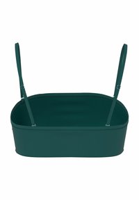 Haut bandeau vert foncé sans bretelles avec fines bretelles réglables, design sans couture et texture de tissu lisse.