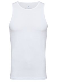 White sleeveless tank top made from smooth cotton, featuring a crew neckline and a fitted design. No visible patterns or accents.