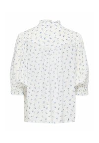 Blouse blanche avec petit imprimé floral bleu, col haut volanté, manches trois-quarts bouffantes et poignets smockés, vue de dos.