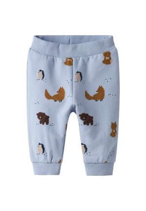 Lichtblauwe katoenen broek met geribde tailleband en boorden, voorzien van een speelse print van dieren, waaronder egels en vossen.