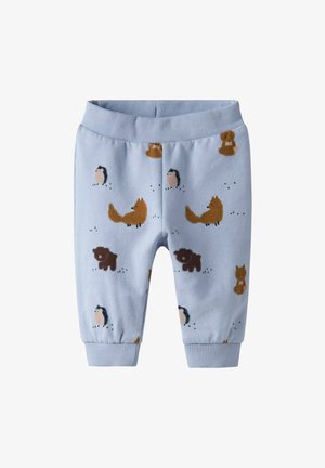 Lichtblauwe katoenen broek met geribde tailleband en boorden, voorzien van een speelse print van dieren, waaronder egels en vossen.