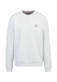 Weißes Sweatshirt aus glattem Stoff, mit rundem Halsausschnitt, langen Ärmeln und kleinem gestickten Wappen-Logo auf der Brust.