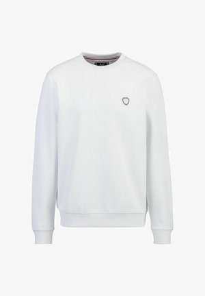 Witte sweatshirt van gladde stof, met een ronde halslijn, lange mouwen en een klein geborduurd schildlogo op de borst.