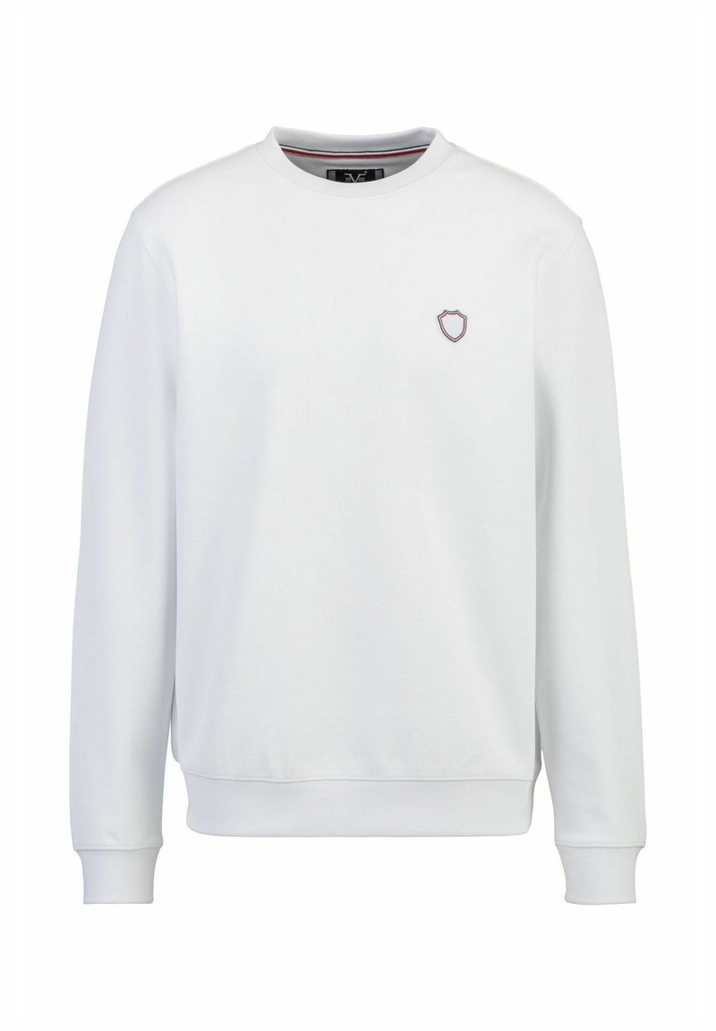 Weißes Sweatshirt aus glattem Stoff, mit rundem Halsausschnitt, langen Ärmeln und kleinem gestickten Wappen-Logo auf der Brust.