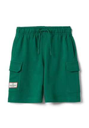 Grüne Freizeitsshorts mit elastischem Bund, Kordelzug, zwei seitlichen Taschen, Klappentaschen und einem kleinen "Sports Club"-Etikett auf der linken Tasche.