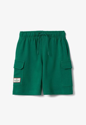 Groene casual korte broek met elastische tailleband, trekkoord, twee zijzakken, klepzakken op de cargo en een klein label "Sports Club" op de linkerzak.