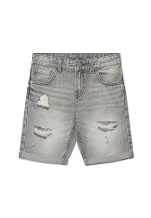 Pantaloncini in denim grigio con risvolti e strappi sulle cosce anteriori, dotati di tasche frontali e chiusura con bottoni in vita.