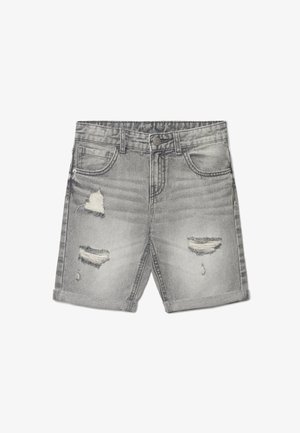 Pantaloncini in denim grigio con risvolti e strappi sulle cosce anteriori, dotati di tasche frontali e chiusura con bottoni in vita.