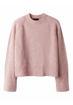 Pull en maille côtelée rose pâle à manches longues et encolure ronde, coupe courte, étiqueté LMTD, présenté sur fond blanc.