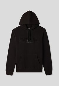 Felpa nera con tasca frontale, cappuccio regolabile con coulisse, testo in rilievo "BREAKER" e un testo più piccolo "SELF BELIEVER" sotto sul petto.