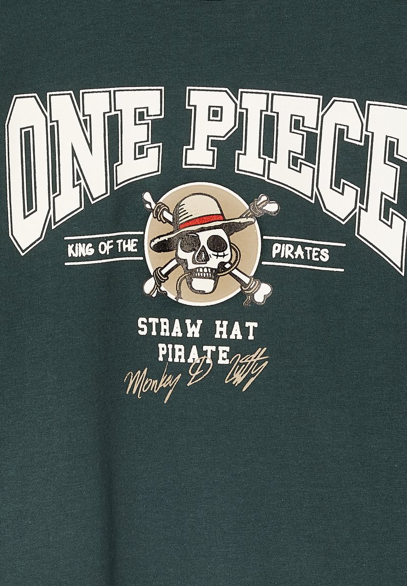 Green t-shirt featuring "One Piece" text in white, with a central graphic of a skull wearing a straw hat, accented with crossbones.