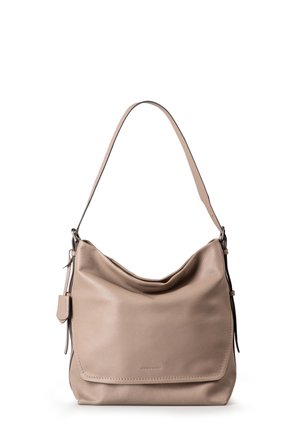 Borsa a spalla in pelle beige con un design morbido e sformato, caratterizzata da una tracolla singola e una chiusura a pattina sottile.