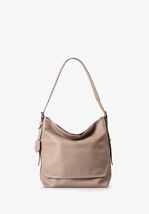Beige leather shoulder bag with a soft, slouchy design, featuring a single shoulder strap and a slim flap closure.