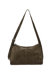 Brown suede shoulder bag with a zip closure, flat rectangular body, and adjustable shoulder strap. Features subtle stitching details.