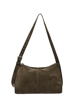 Brown suede shoulder bag with a zip closure, flat rectangular body, and adjustable shoulder strap. Features subtle stitching details.