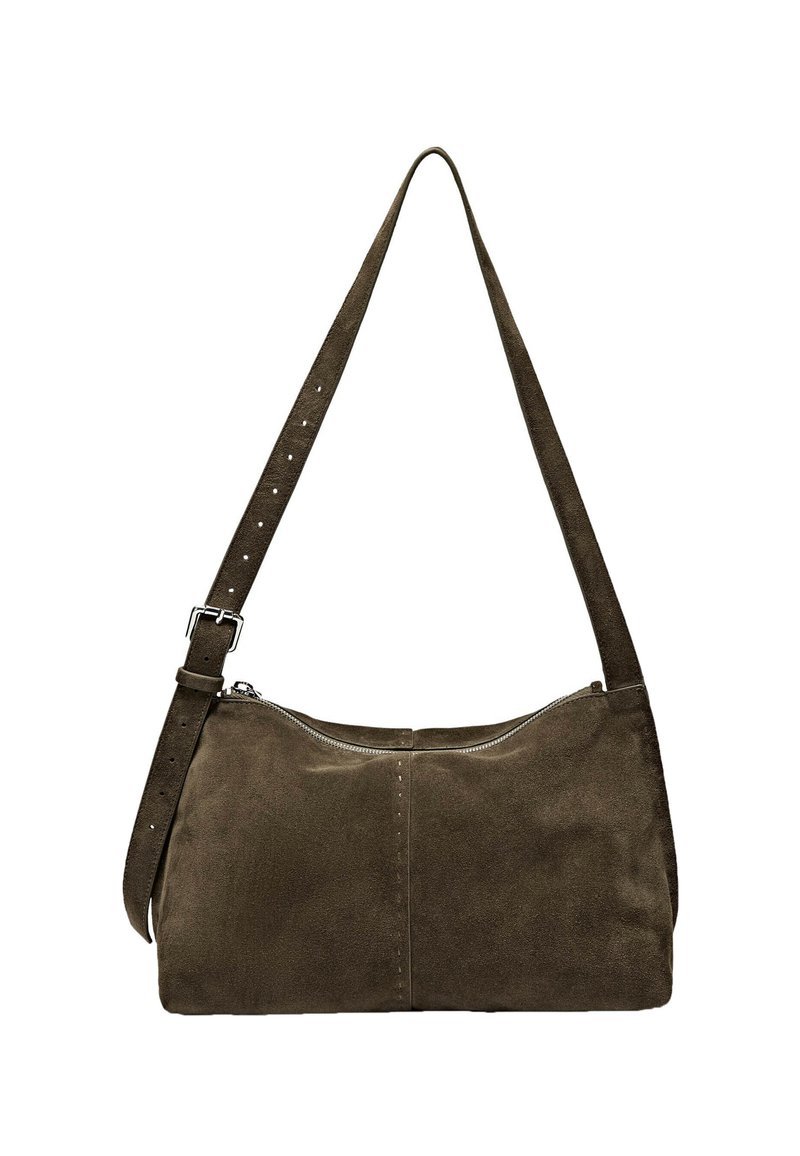 Brown suede shoulder bag with a zip closure, flat rectangular body, and adjustable shoulder strap. Features subtle stitching details.