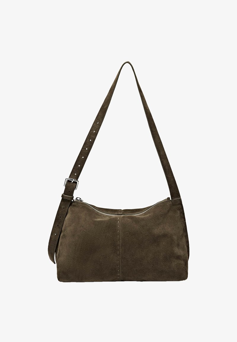 Brown suede shoulder bag with a zip closure, flat rectangular body, and adjustable shoulder strap. Features subtle stitching details.
