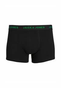 Melni bokseršortai ar zaļu "JACK & JONES" logo uz jostas. Izgatavoti no mīksta kokvilnas, ar pieguļošu dizainu un gludu tekstūru.