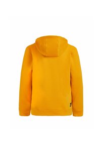 Felpa gialla con cappuccio, dalla texture morbida, con taglio dritto e polsini a costine. Presenta una cucitura centrale sul retro e un piccolo logo all'orlo.