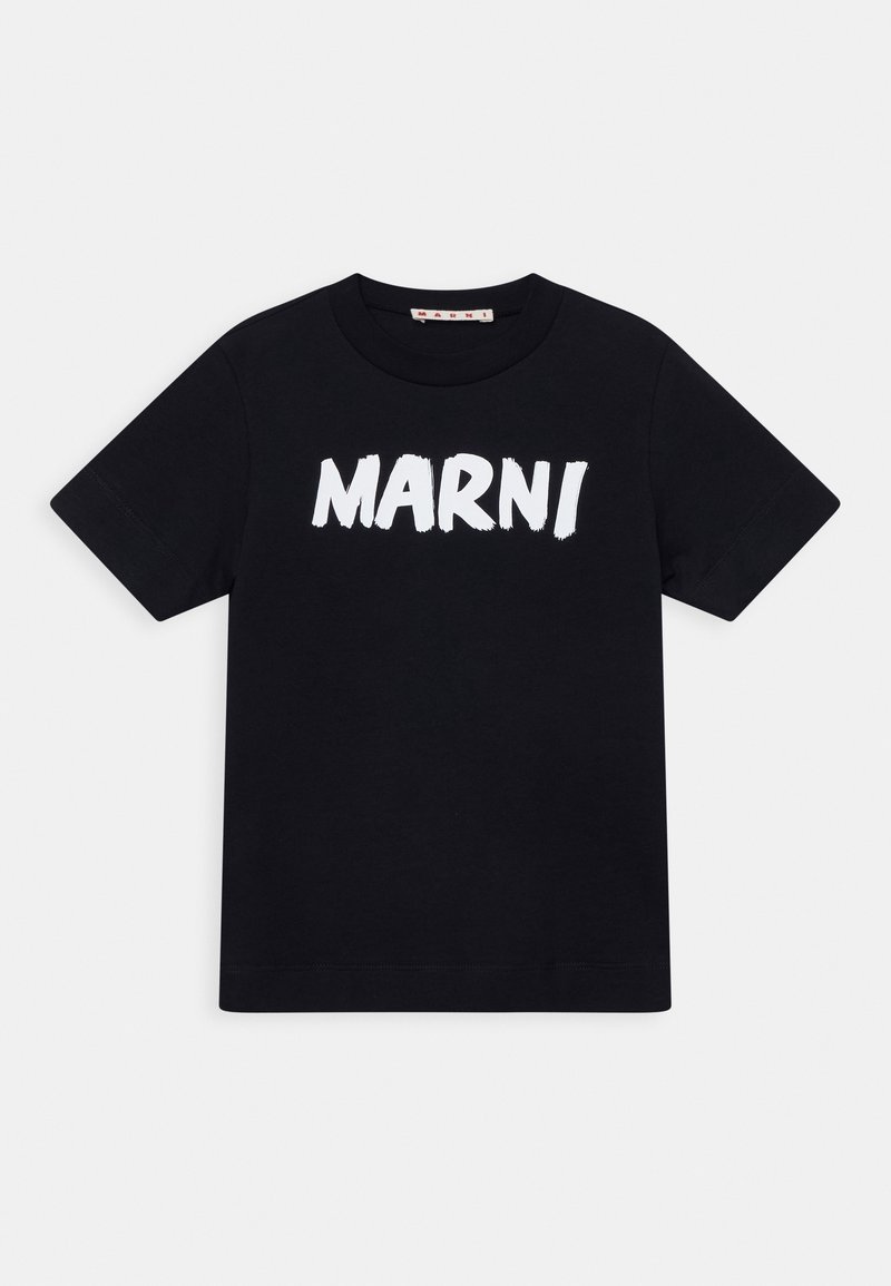 T-shirt noir à manches courtes avec l'inscription "MARNI" en style coups de pinceau blancs centrée sur le devant, col rond, et fond uni.