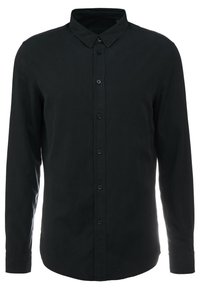 Czarna koszula na guziki z klasycznym kołnierzykiem, długimi rękawami, plisą z przodu i gładką fakturą. Posiada sześć guzików oraz zaokrąglony dół.