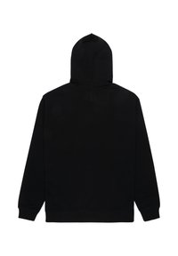 Sweat à capuche noir en coton, avec une poche kangourou à l'avant, des manches larges et une capuche arrondie à texture douce.