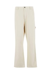 Beige, weit geschnittene Hose aus einem Mischgewebe mit Knopfverschluss. Verfügt über seitliche Taschen und eine dezente Textur. Nahtdetails sind sichtbar.