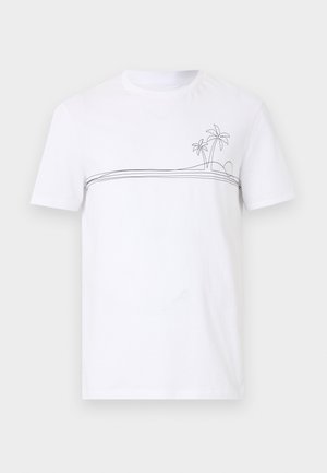 T-shirt blanc à manches courtes avec un fin trait noir sur la poitrine représentant deux palmiers et un soleil ou une lune.